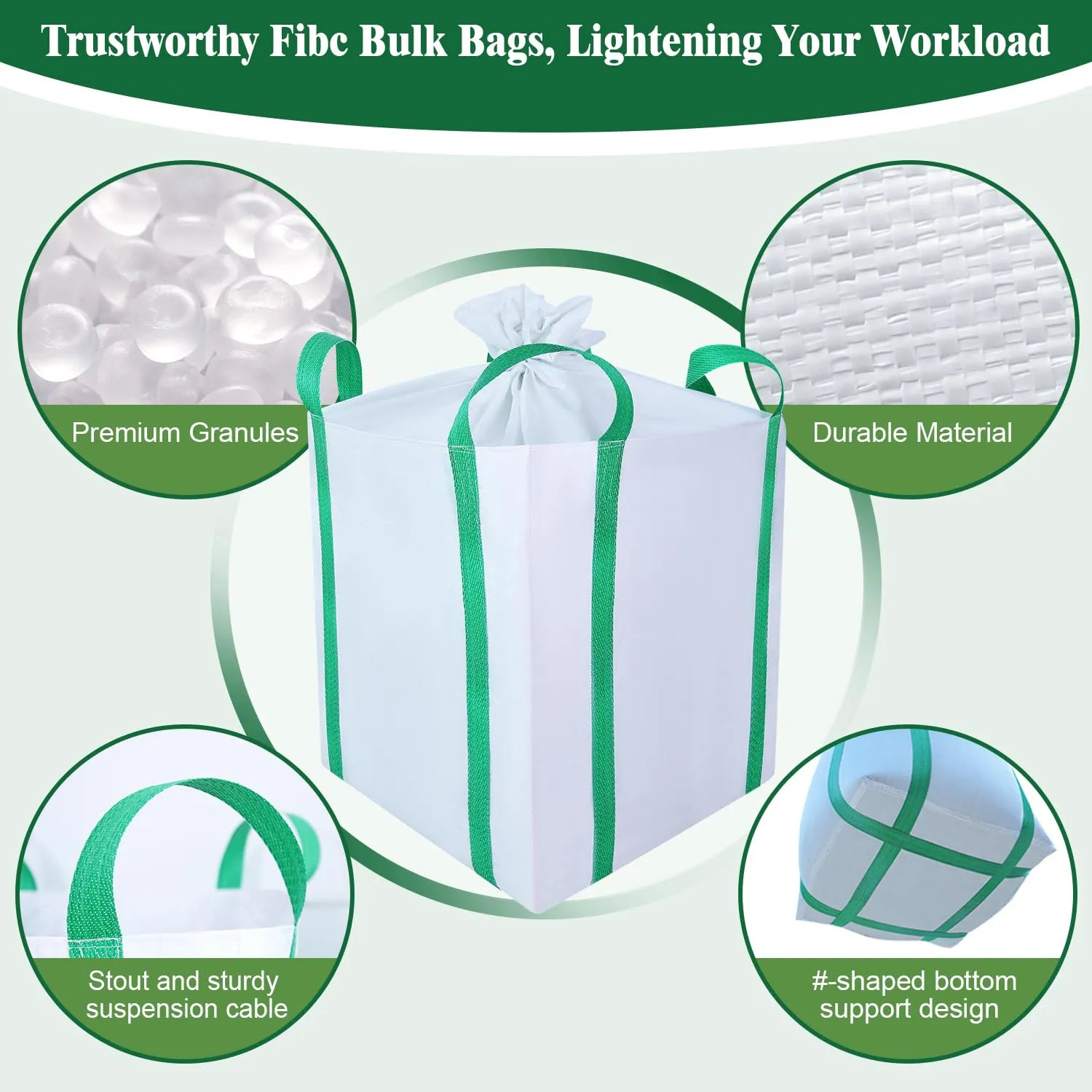 1 Pack FIBC Bulk Bag,2 Ton Bag,35"L x 35"W x 43"H,4400lbs SWL, Woven Polypropylene Bags,Duffle Top Flat Bottom,Heavy Duty Bulk Bag