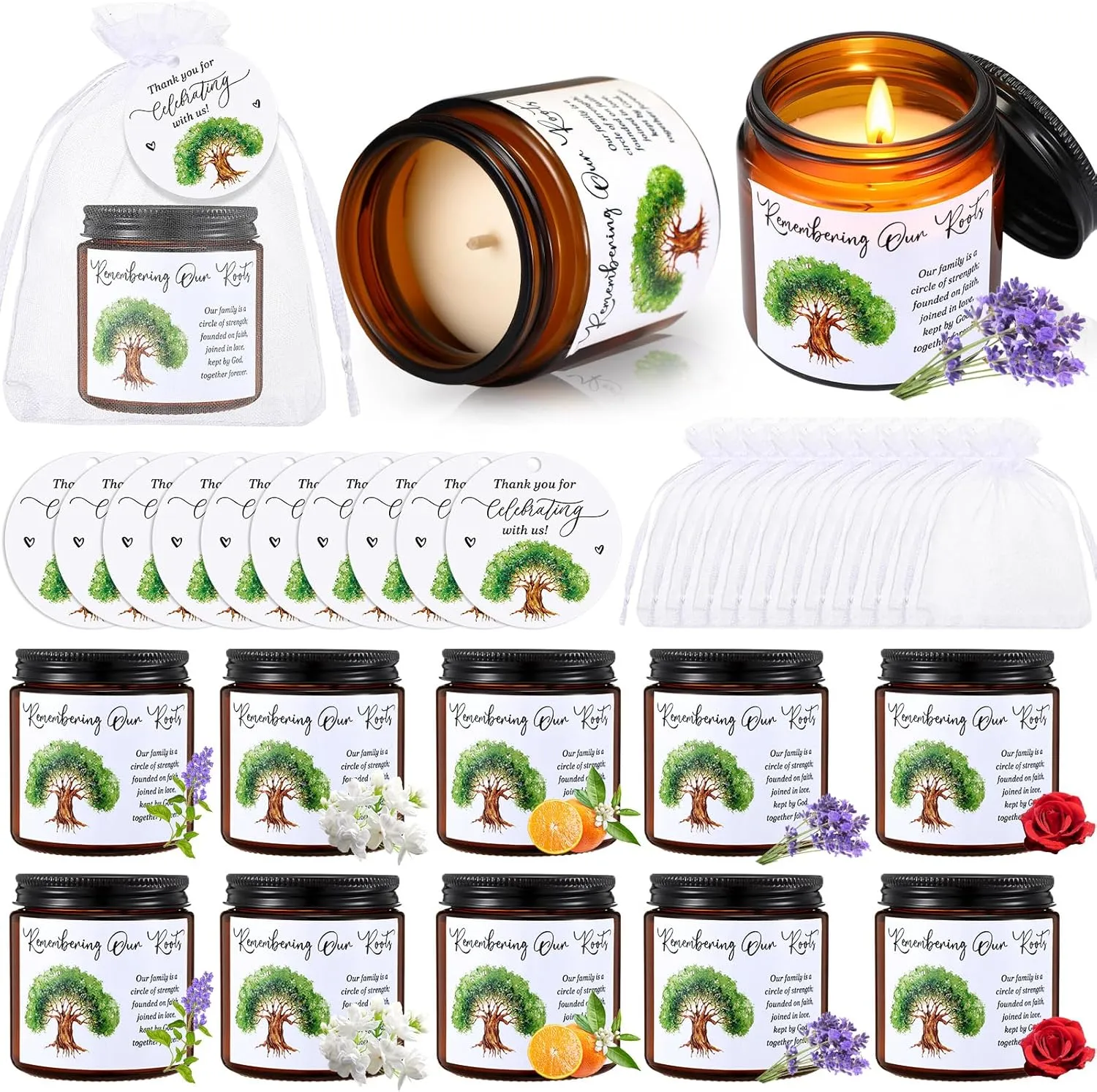 10 Sets Family Reunion Favors for Guests, Remembering Our Roots Themed Candle with Thank You Cards and Organza Gift Bags for Family Gathering Party Guests Souvenir Gifts