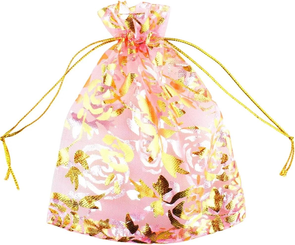100 pcs 3.5 x 4.7 Inch Flower Heart Organza Jewelry Gift Pouch Candy Pouch Drawstring Wedding Favor Bags X92 (pink gold flower)