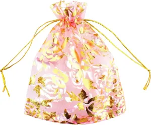 100 pcs 3.5 x 4.7 Inch Flower Heart Organza Jewelry Gift Pouch Candy Pouch Drawstring Wedding Favor Bags X92 (pink gold flower)
