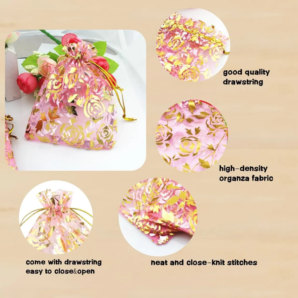 100 pcs 3.5 x 4.7 Inch Flower Heart Organza Jewelry Gift Pouch Candy Pouch Drawstring Wedding Favor Bags X92 (pink gold flower)