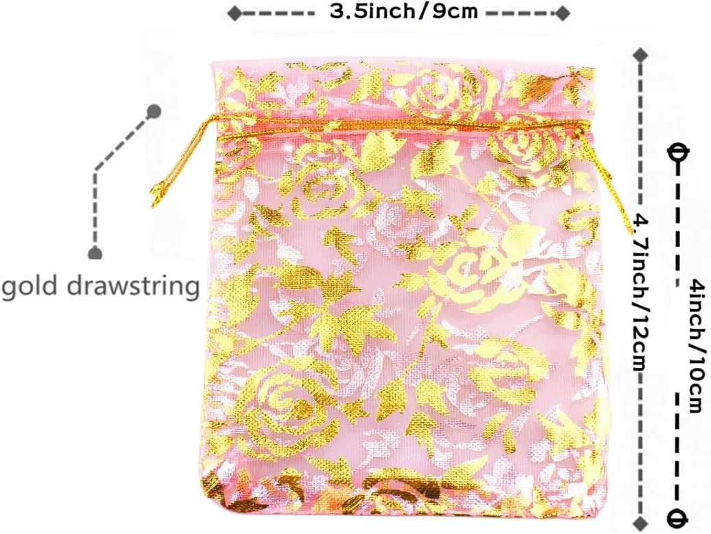 100 pcs 3.5 x 4.7 Inch Flower Heart Organza Jewelry Gift Pouch Candy Pouch Drawstring Wedding Favor Bags X92 (pink gold flower)