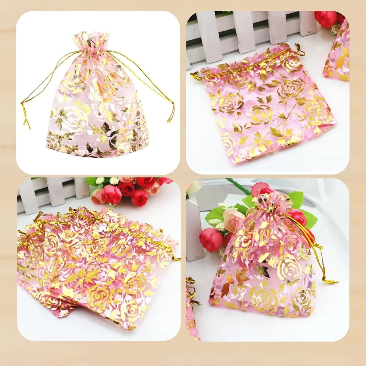100 pcs 3.5 x 4.7 Inch Flower Heart Organza Jewelry Gift Pouch Candy Pouch Drawstring Wedding Favor Bags X92 (pink gold flower)
