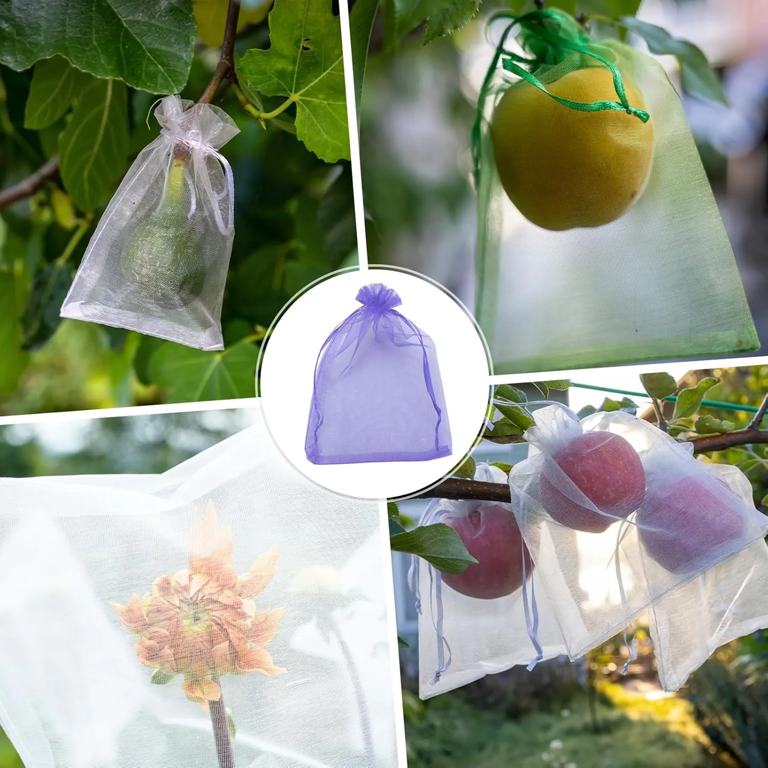 100 Pcs Fruit Protection Bags - 6x8 Inch Fruit Netting Bags Fruit Cover Mesh Bag with Drawstring Netting Barrier Bags Apply to Fruit/Flower(Light Purple)