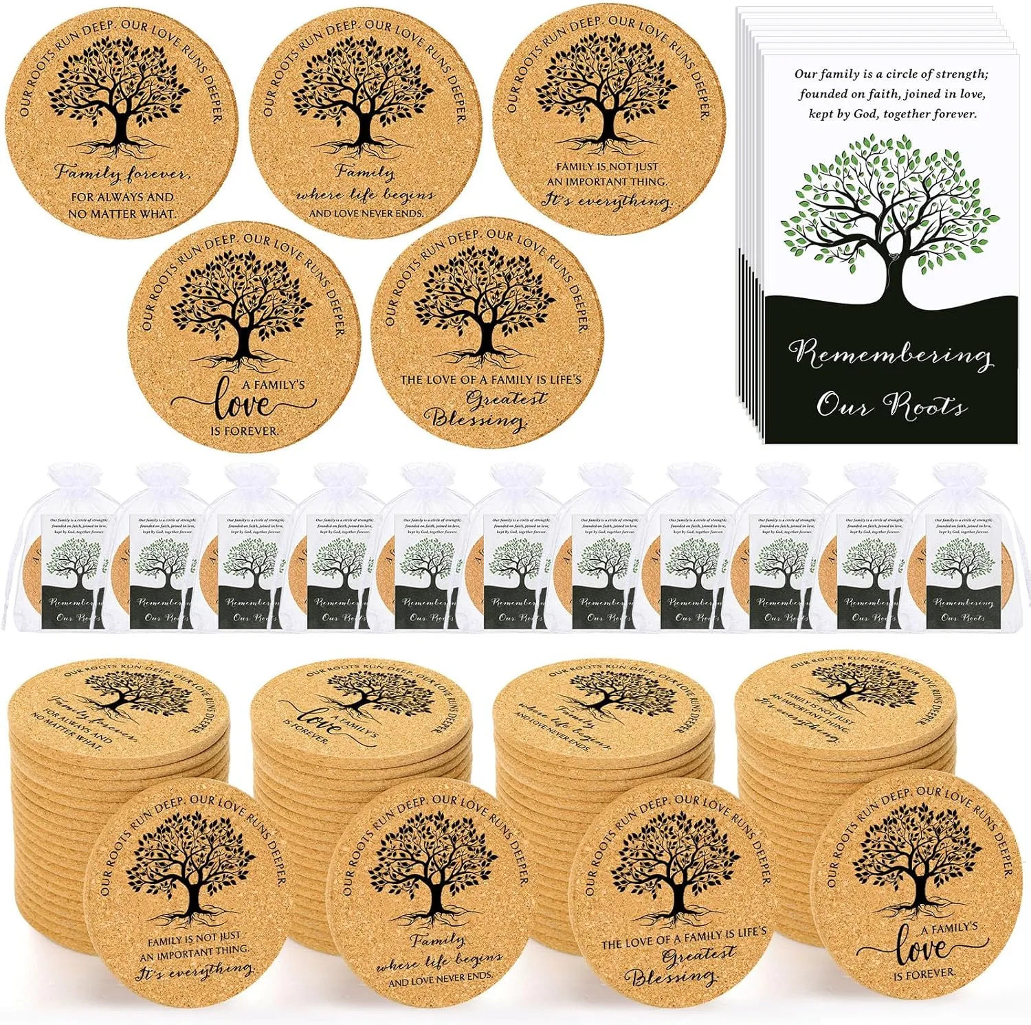 100 Set Mother's Day Family Reunion Favors Include Our Roots Run Deep Our Love Runs Deeper Cork Coaster Absorbent Cork Mat with Card Organza Bag Summer Gift for Gathering Picnic