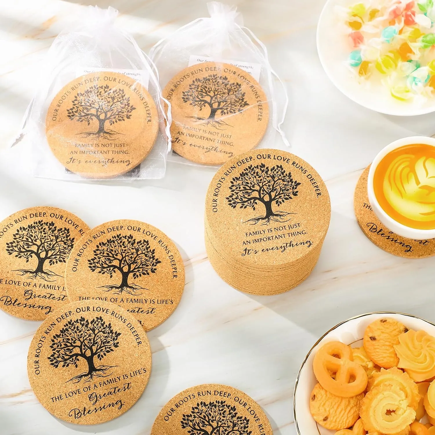 100 Set Mother's Day Family Reunion Favors Include Our Roots Run Deep Our Love Runs Deeper Cork Coaster Absorbent Cork Mat with Card Organza Bag Summer Gift for Gathering Picnic