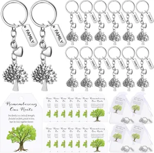 100 Sets Family Party Favors for Guests Tree Keychains Heart Tree Keychains with Cards Organza Bags Family Reunion Gift