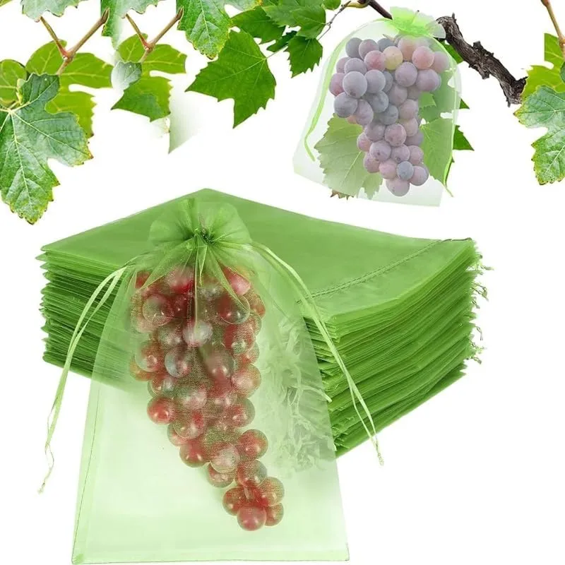 100PCS Fruit Protection Bags: Premium Green Mesh Drawstring Netting Barrier Bags for Apples, Mangoes, Tomatoes & More - Essential for Protecting Fruits, Flowers & Vegetables (6.8 * 9in 100pcs)