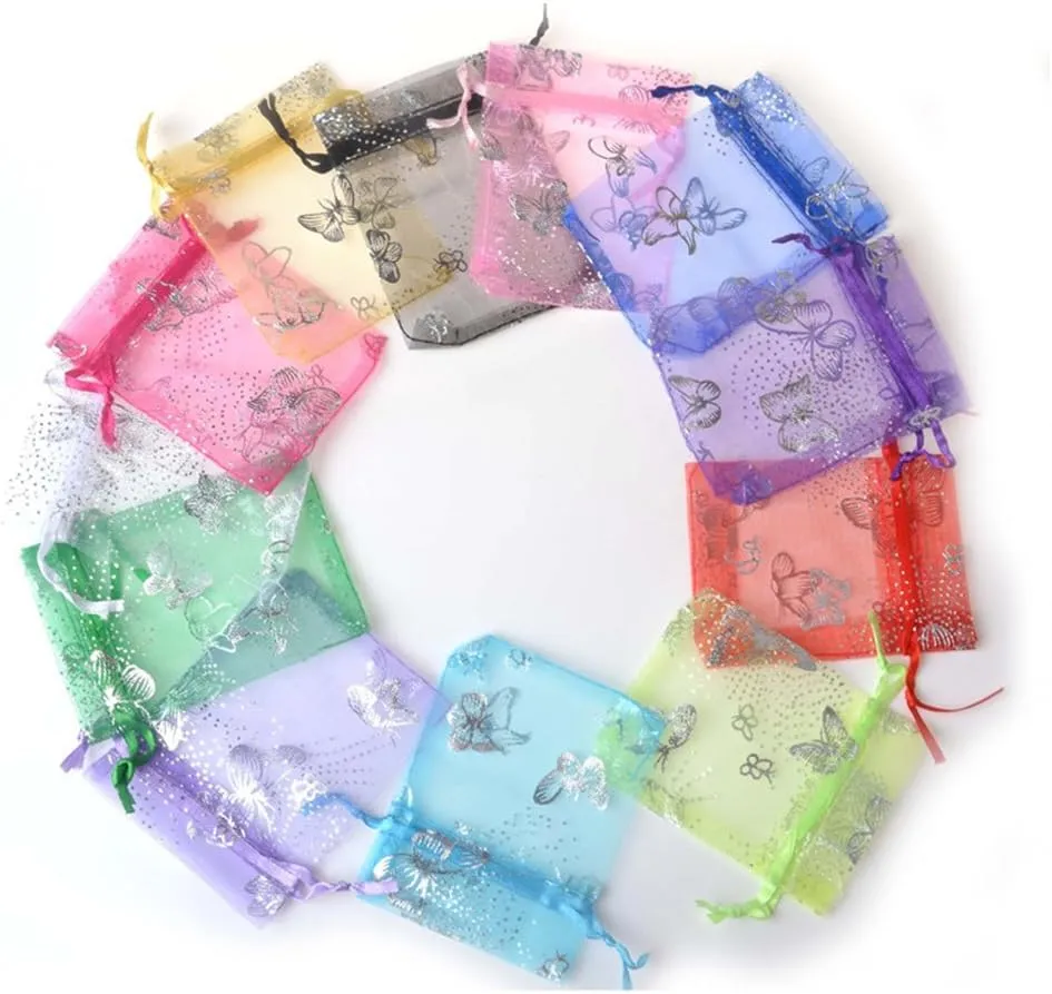 100pcs Organza Wedding Party Gift Bags Butterfly Drawstring Pouches Jewelry Gift Bags Christmas Party Gift Favor Bags (6"x9", White)