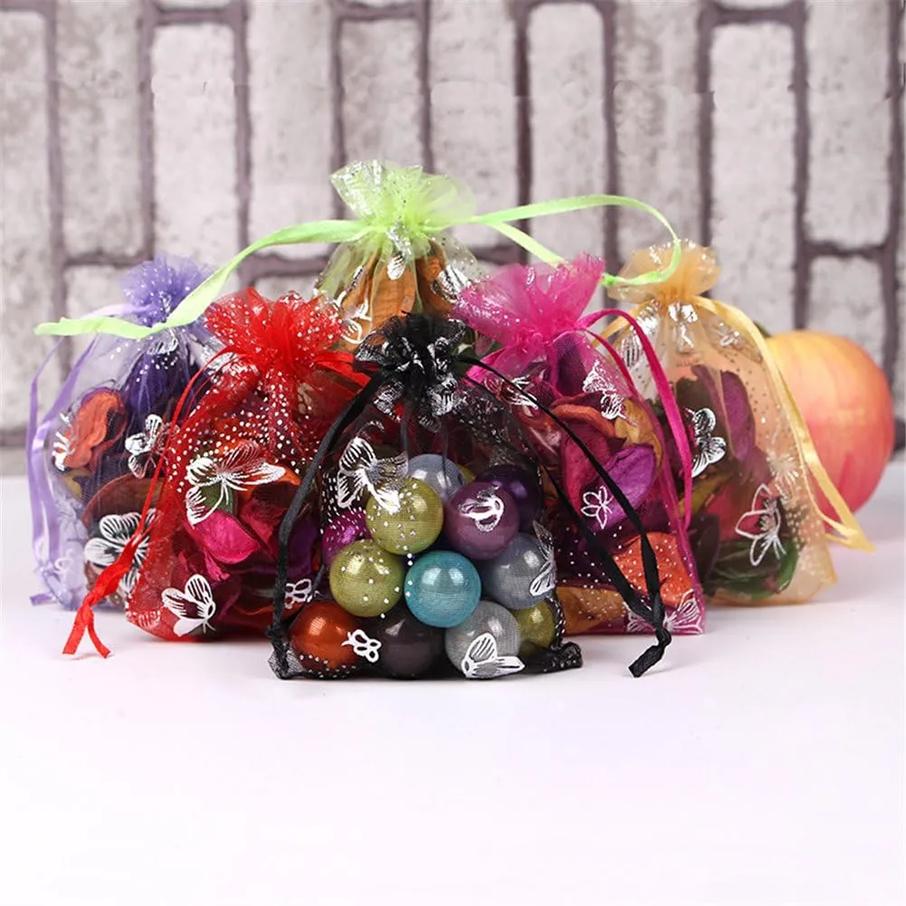 100pcs Organza Wedding Party Gift Bags Butterfly Drawstring Pouches Jewelry Gift Bags Christmas Party Gift Favor Bags (6"x9", White)