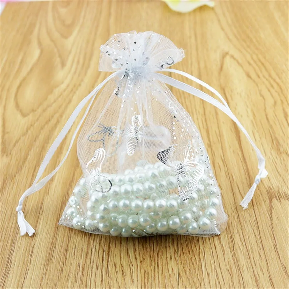 100pcs Organza Wedding Party Gift Bags Butterfly Drawstring Pouches Jewelry Gift Bags Christmas Party Gift Favor Bags (6"x9", White)