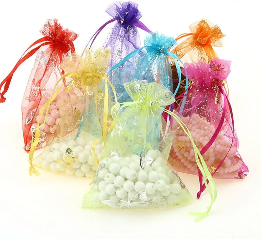 100pcs Organza Wedding Party Gift Bags Butterfly Drawstring Pouches Jewelry Gift Bags Christmas Party Gift Favor Bags (6"x9", White)