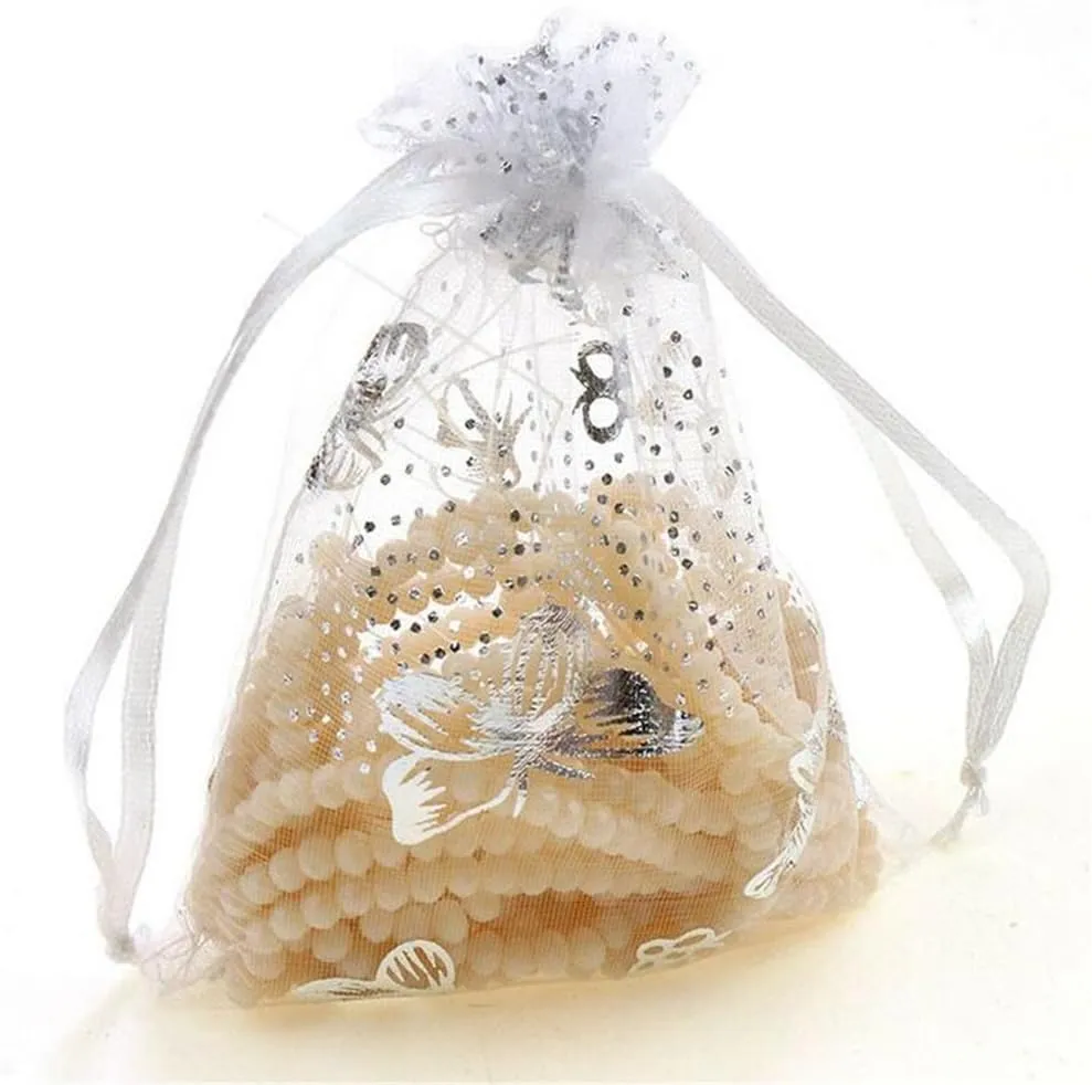 100pcs Organza Wedding Party Gift Bags Butterfly Drawstring Pouches Jewelry Gift Bags Christmas Party Gift Favor Bags (6"x9", White)