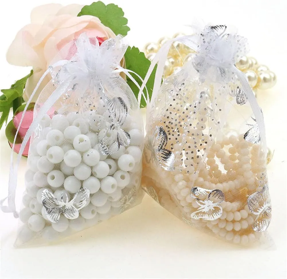 100pcs Organza Wedding Party Gift Bags Butterfly Drawstring Pouches Jewelry Gift Bags Christmas Party Gift Favor Bags (6"x9", White)