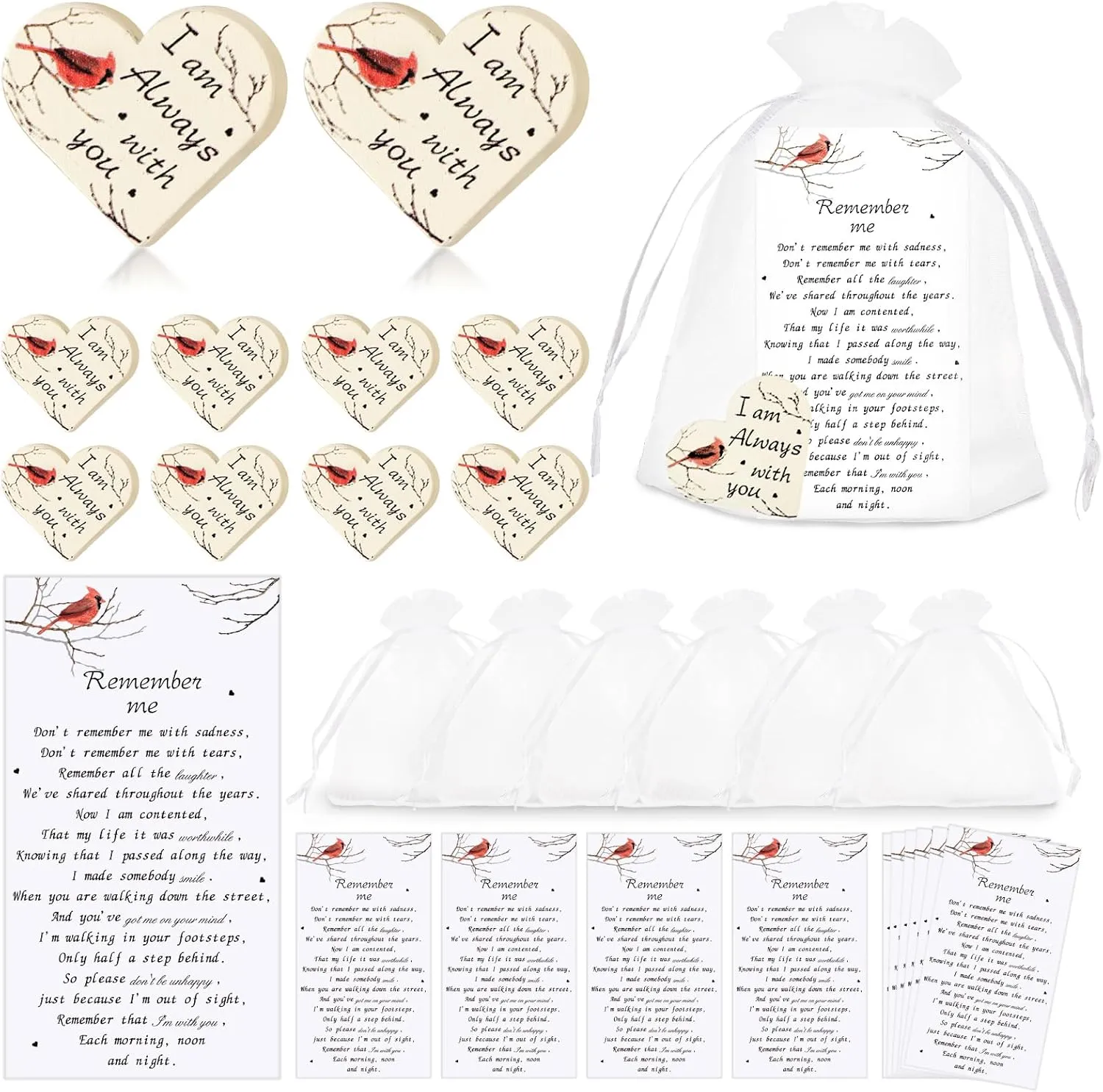 100Sets Funeral Favors, Celebration of Life Decorations with Pocket Hug Token Funeral Prayer Cards and Organza Bags, Cardinal Memorial Gifts for Funeral Cardinal Gifts Decorations