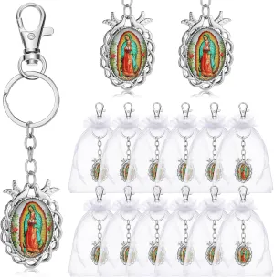 12 Pcs Our Lady of Guadalupe Keychains Baptism Favors for Guests First Communion Gift Virgen De Guadalupe Llaveros with Organza Gift Bags Religious Catholic Keychain Recuerdos De Bautizo Christening