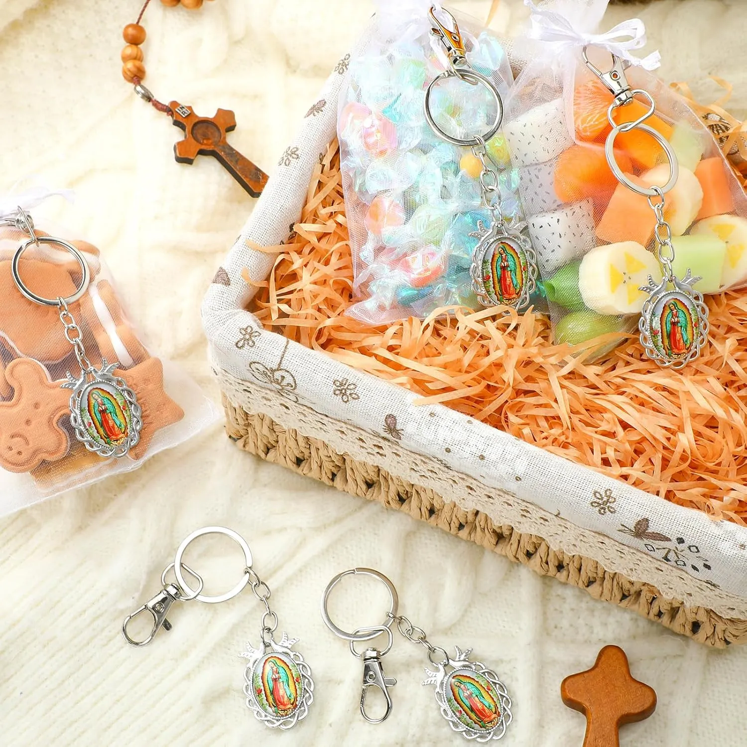 12 Pcs Our Lady of Guadalupe Keychains Baptism Favors for Guests First Communion Gift Virgen De Guadalupe Llaveros with Organza Gift Bags Religious Catholic Keychain Recuerdos De Bautizo Christening