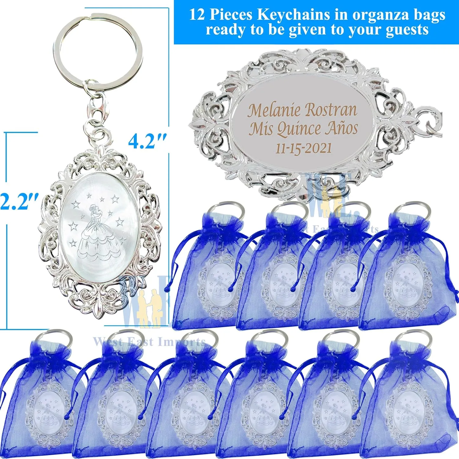 12 PCS Personalized Quinceañera Sweet 16 Mis XV 18 Birthday Favor (Royal Blue Bags)