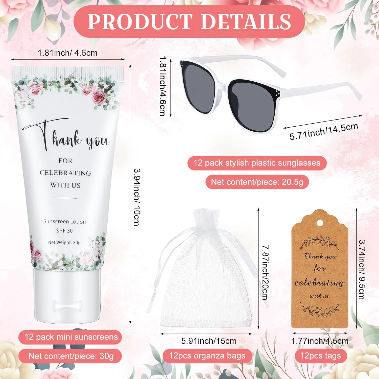 12 Sets Mini Sunscreen and Sunglasses Bulk for Wedding Party Spf30 Water Resistant Sunscreen Lotion Bulk 1oz Travel Size for Thank You Gifts Wedding Party Supplies (Floral)