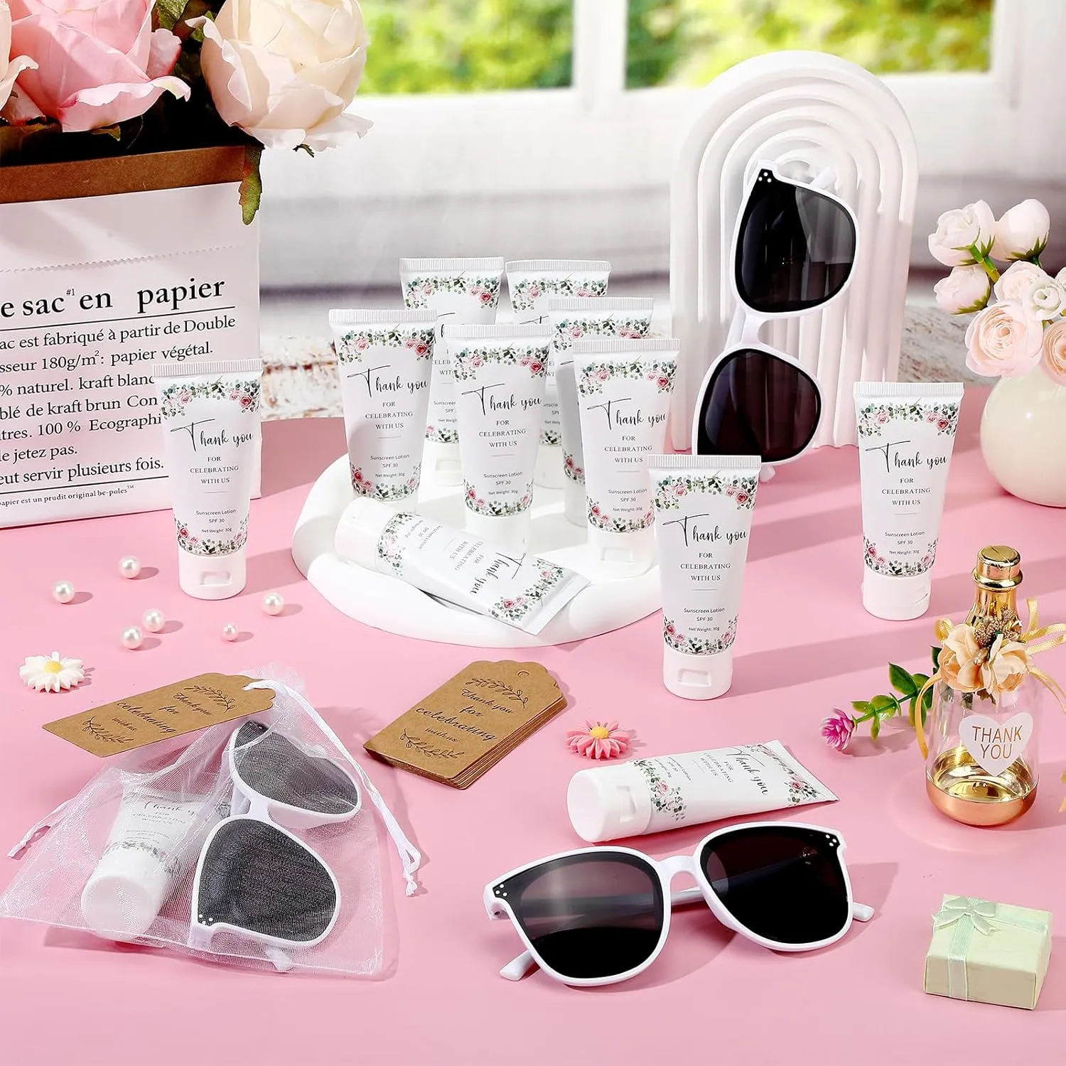 12 Sets Mini Sunscreen and Sunglasses Bulk for Wedding Party Spf30 Water Resistant Sunscreen Lotion Bulk 1oz Travel Size for Thank You Gifts Wedding Party Supplies (Floral)