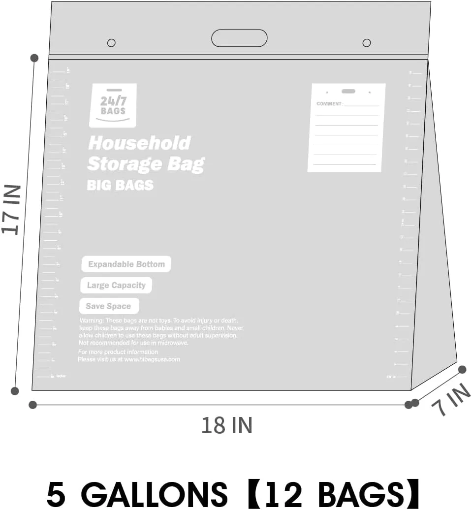 12 X-Large Plastic Storage Bags, 5 Gallons, Zero BPA, Double Zipper Seal, 3 Mils Thick, Double Layer Carry Handle, 18"x17"x7", Moving, Seasonal, Travel