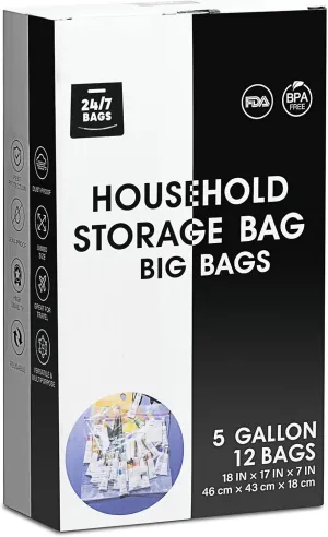 12 X-Large Plastic Storage Bags, 5 Gallons, Zero BPA, Double Zipper Seal, 3 Mils Thick, Double Layer Carry Handle, 18"x17"x7", Moving, Seasonal, Travel