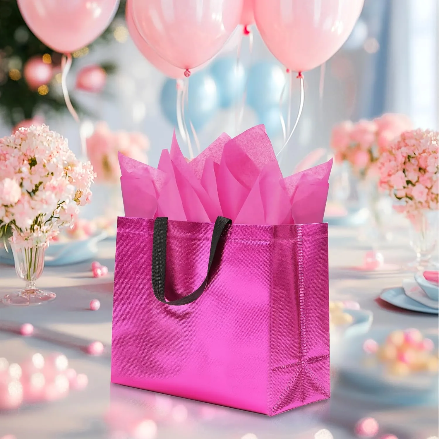 12Pcs Reusable Gift Bags（Includes Tissue Paper） Gift bag with handle Birthdays Parties Holidays Weddings Medium 13x5x11in Magenta gift Bags