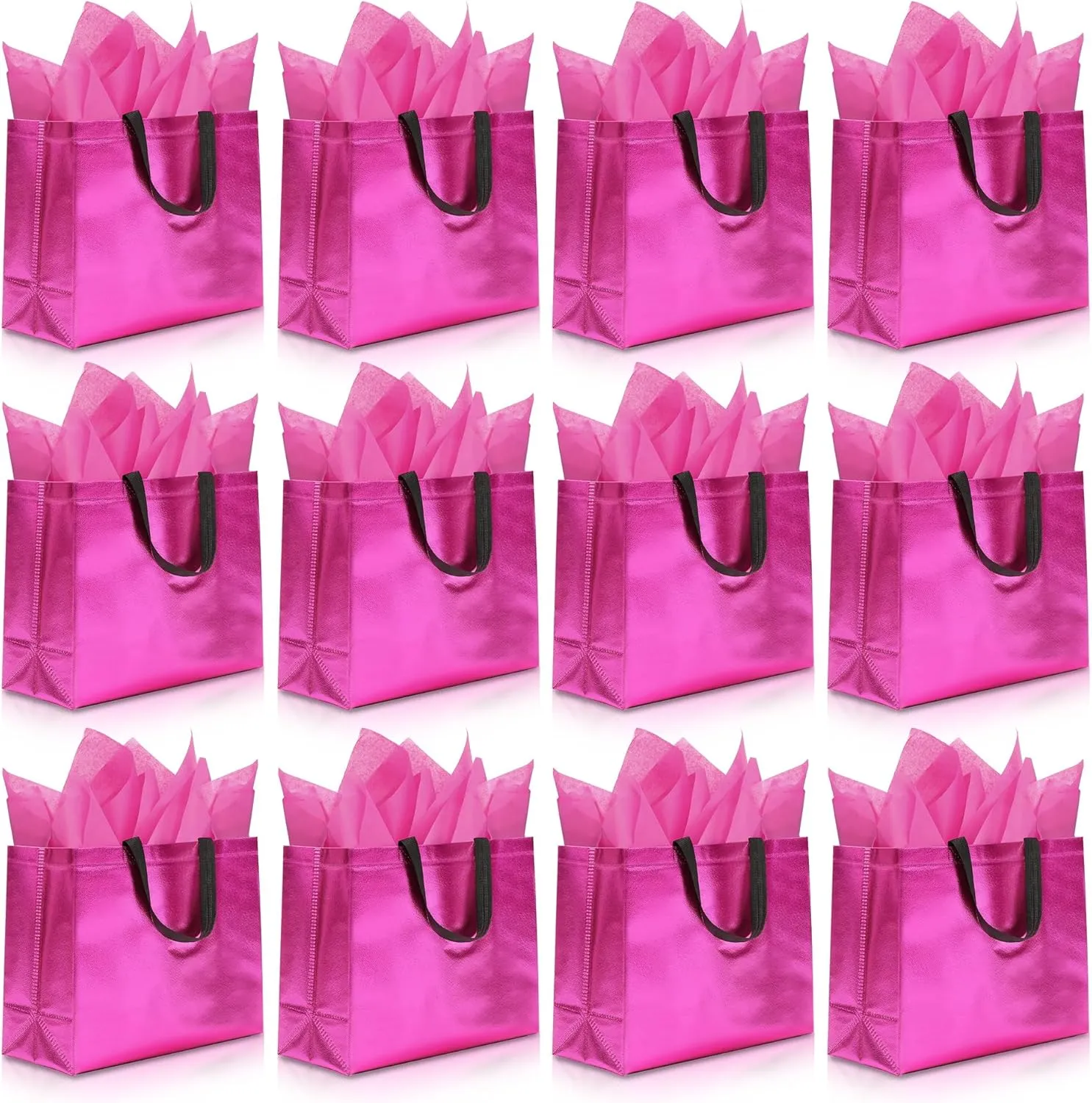 12Pcs Reusable Gift Bags（Includes Tissue Paper） Gift bag with handle Birthdays Parties Holidays Weddings Medium 13x5x11in Magenta gift Bags