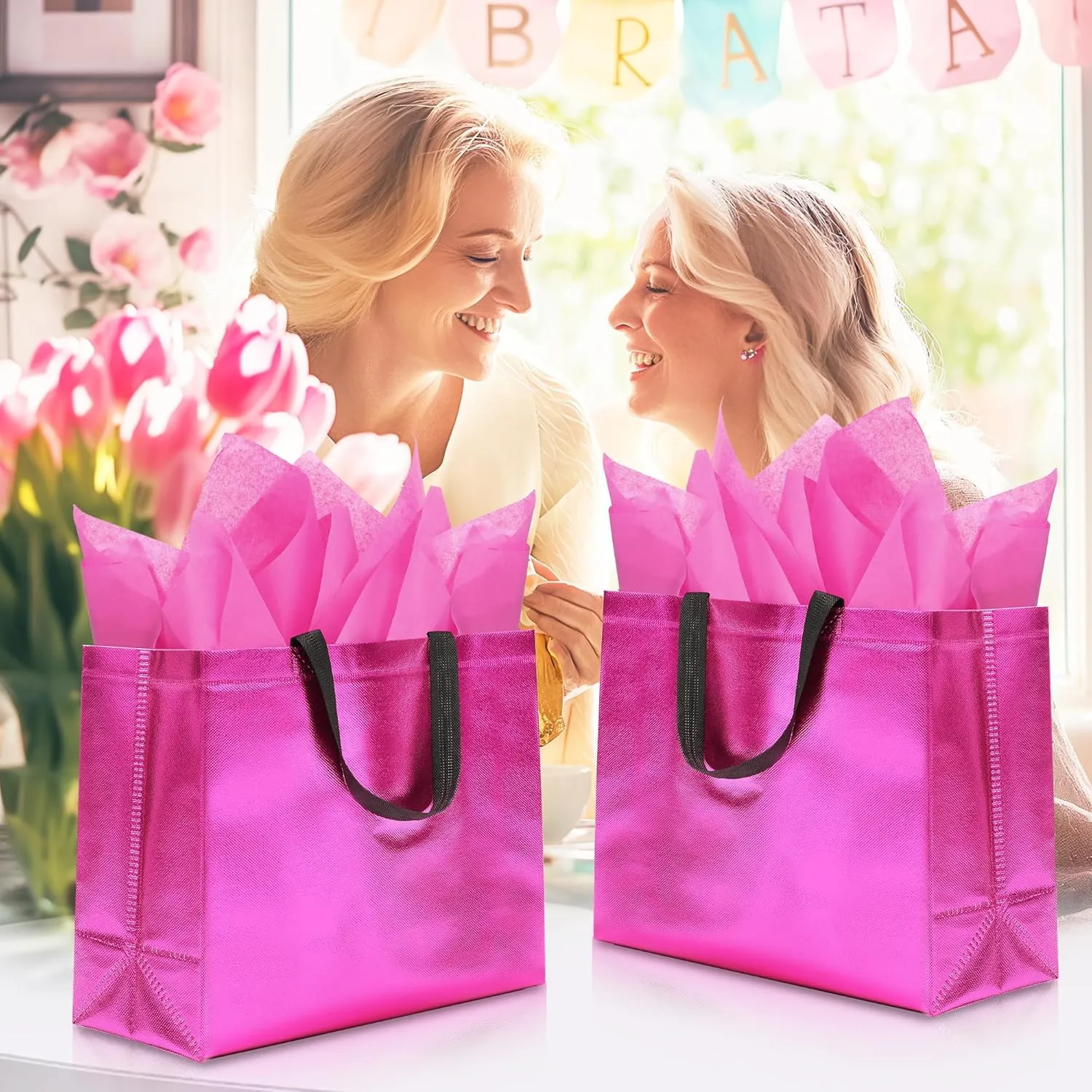 12Pcs Reusable Gift Bags（Includes Tissue Paper） Gift bag with handle Birthdays Parties Holidays Weddings Medium 13x5x11in Magenta gift Bags