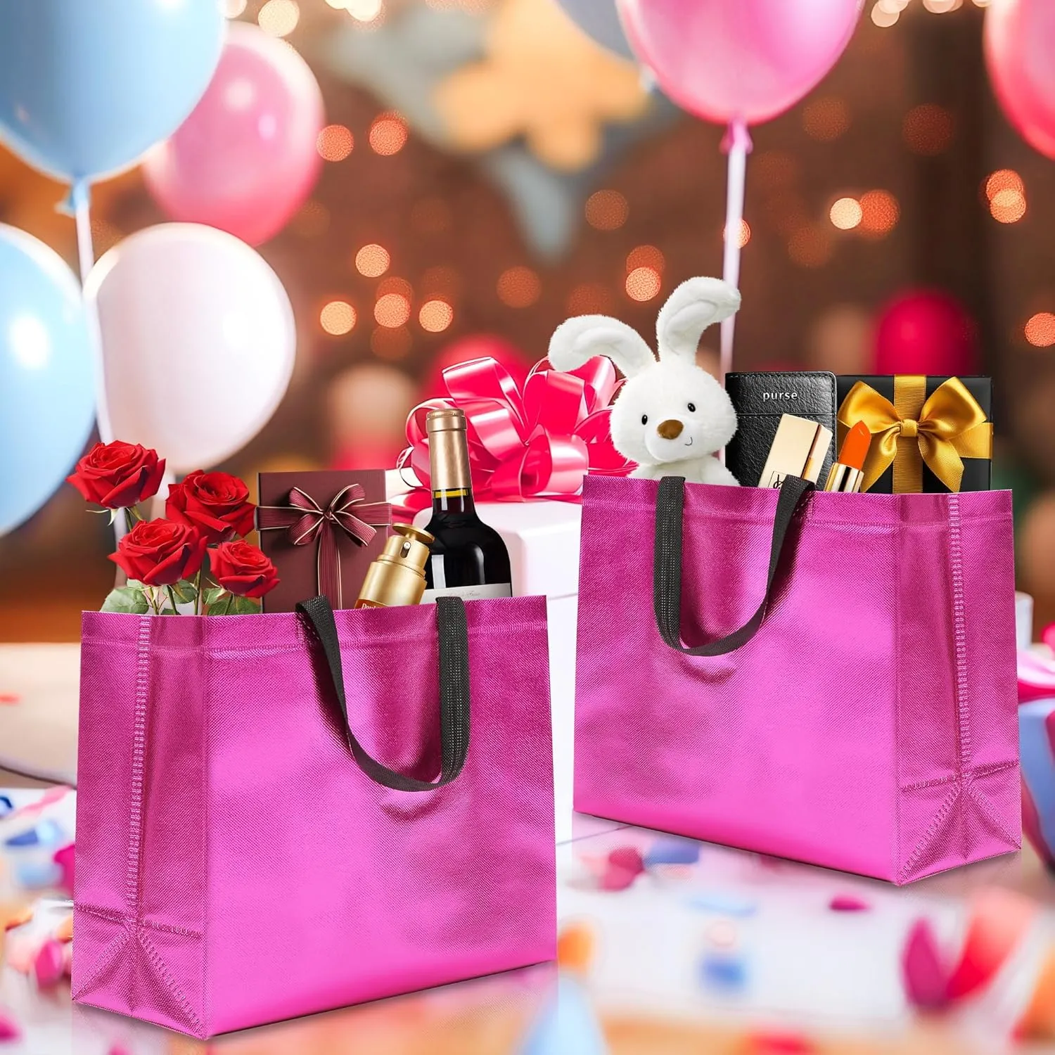 12Pcs Reusable Gift Bags（Includes Tissue Paper） Gift bag with handle Birthdays Parties Holidays Weddings Medium 13x5x11in Magenta gift Bags