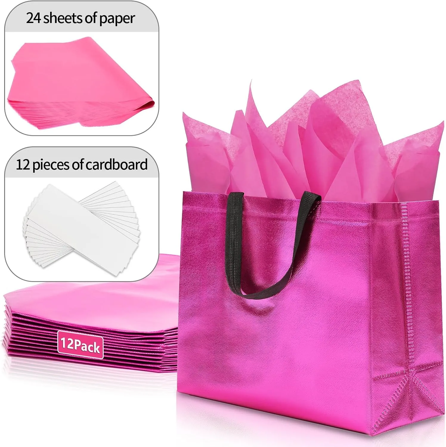 12Pcs Reusable Gift Bags（Includes Tissue Paper） Gift bag with handle Birthdays Parties Holidays Weddings Medium 13x5x11in Magenta gift Bags