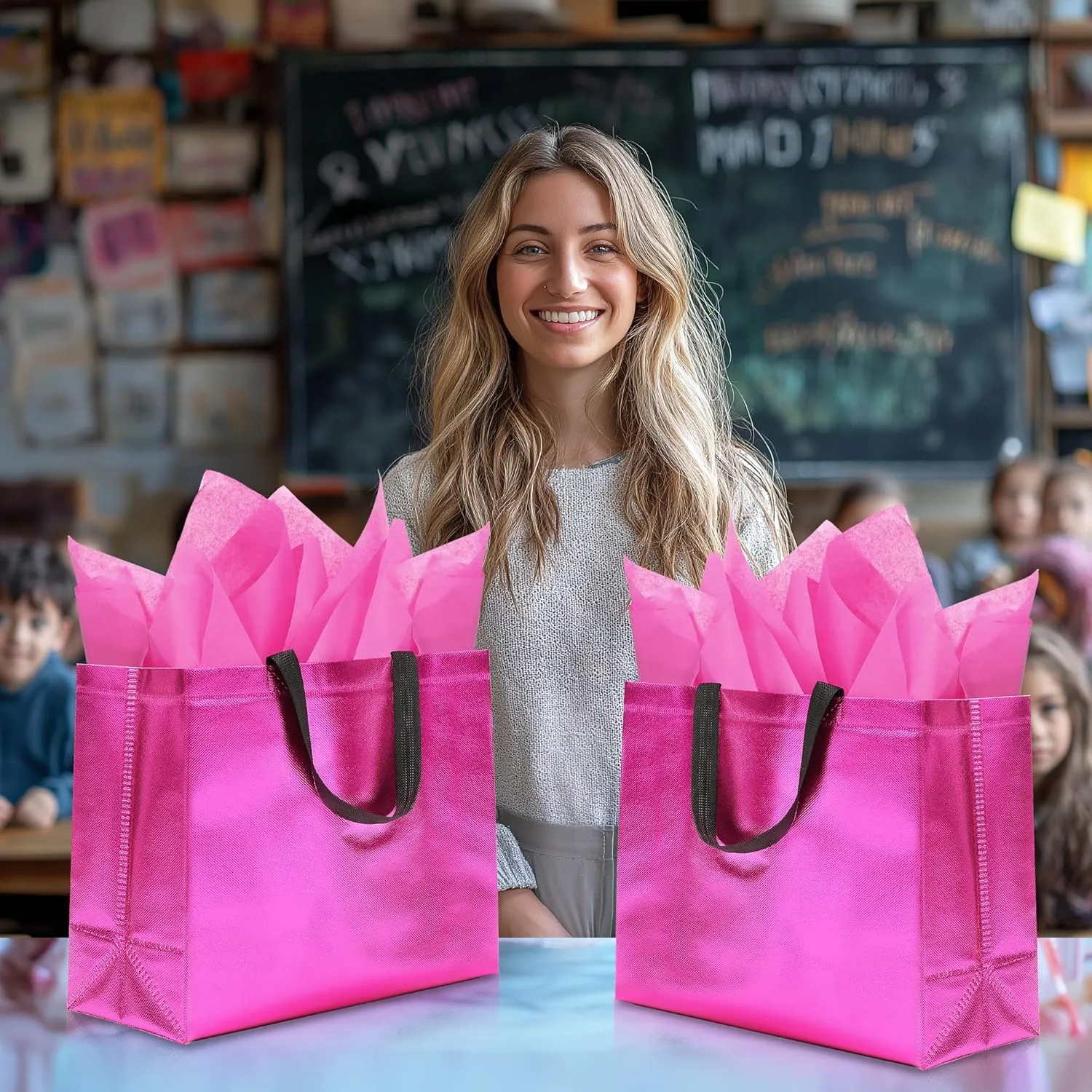 12Pcs Reusable Gift Bags（Includes Tissue Paper） Gift bag with handle Birthdays Parties Holidays Weddings Medium 13x5x11in Magenta gift Bags