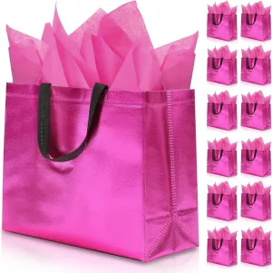 12Pcs Reusable Gift Bags（Includes Tissue Paper） Gift bag with handle Birthdays Parties Holidays Weddings Medium 13x5x11in Magenta gift Bags