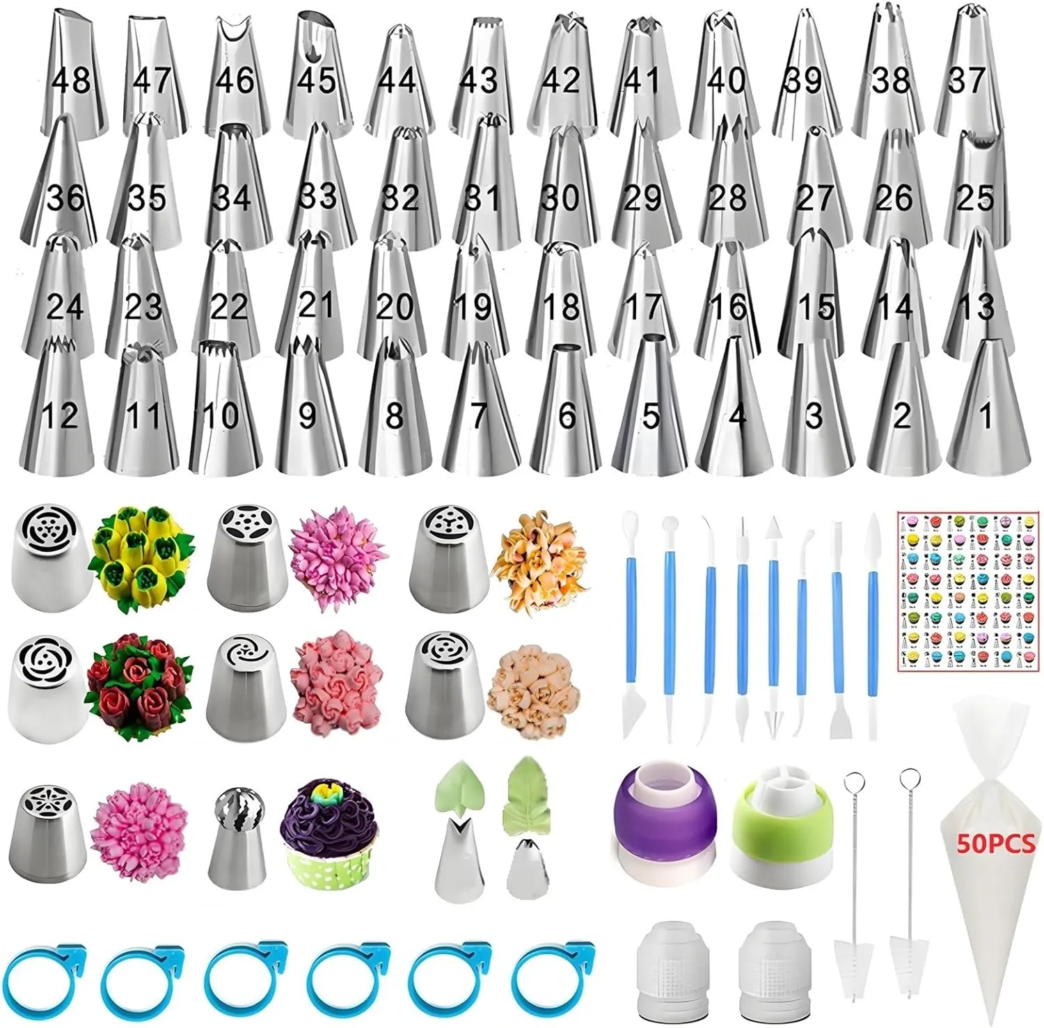 130 Pcs Piping Bags and Tips Set with 48 Numbered Icing Tips,7 Russian Tips,1 Ball Tip,2 Leaf Tips,Pattern Chart,8 Carved Pens,4 Couplers,6 Ties,50 Disposable Pastry Bags for Cake Decorating