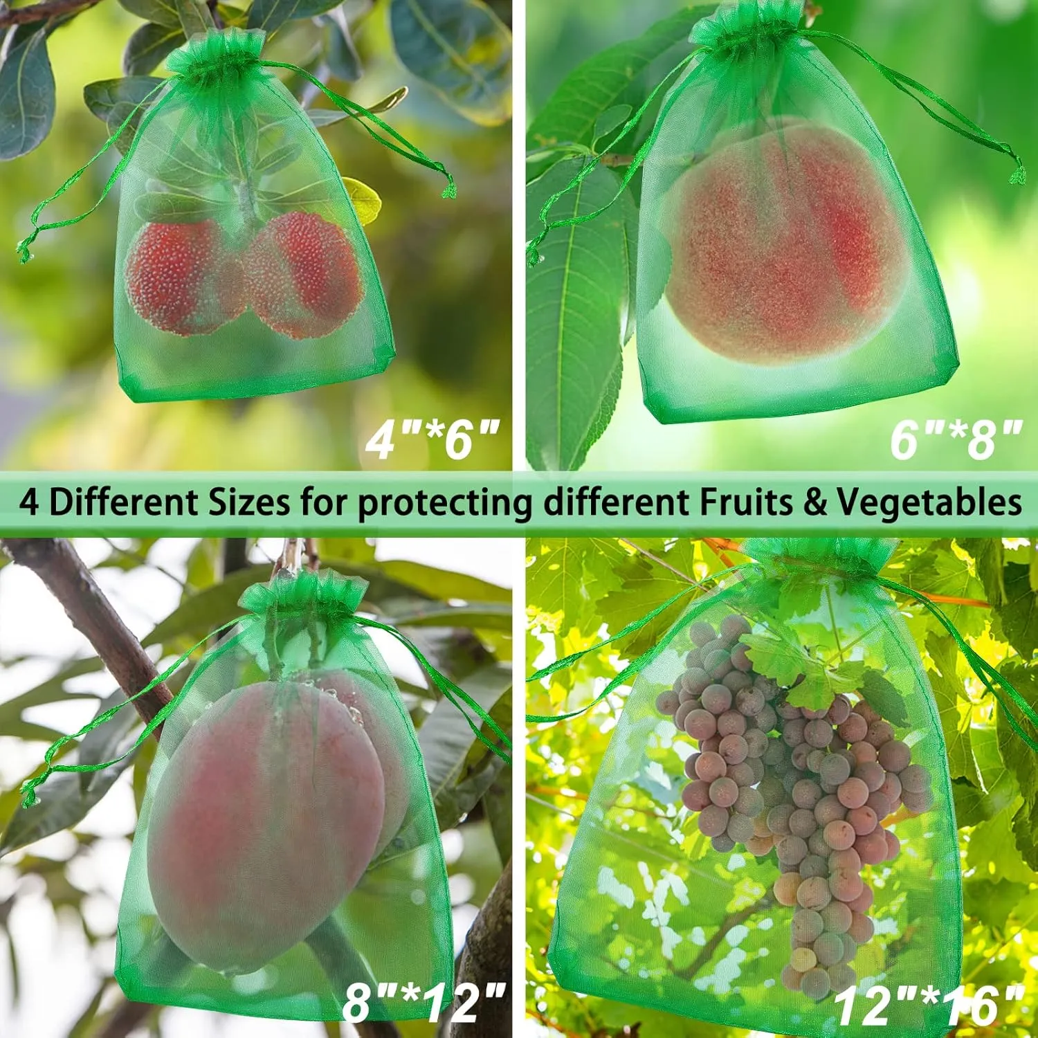 140 PCS Fruit Protection Bags, Fruit Netting Bags, Fruit Cover Mesh Bag with Drawstring, Garden Netting Bag for Father's Day, Mosquito Bug Insect Bird Net Barrier Bag for Vegetable Plant Flower(Green)