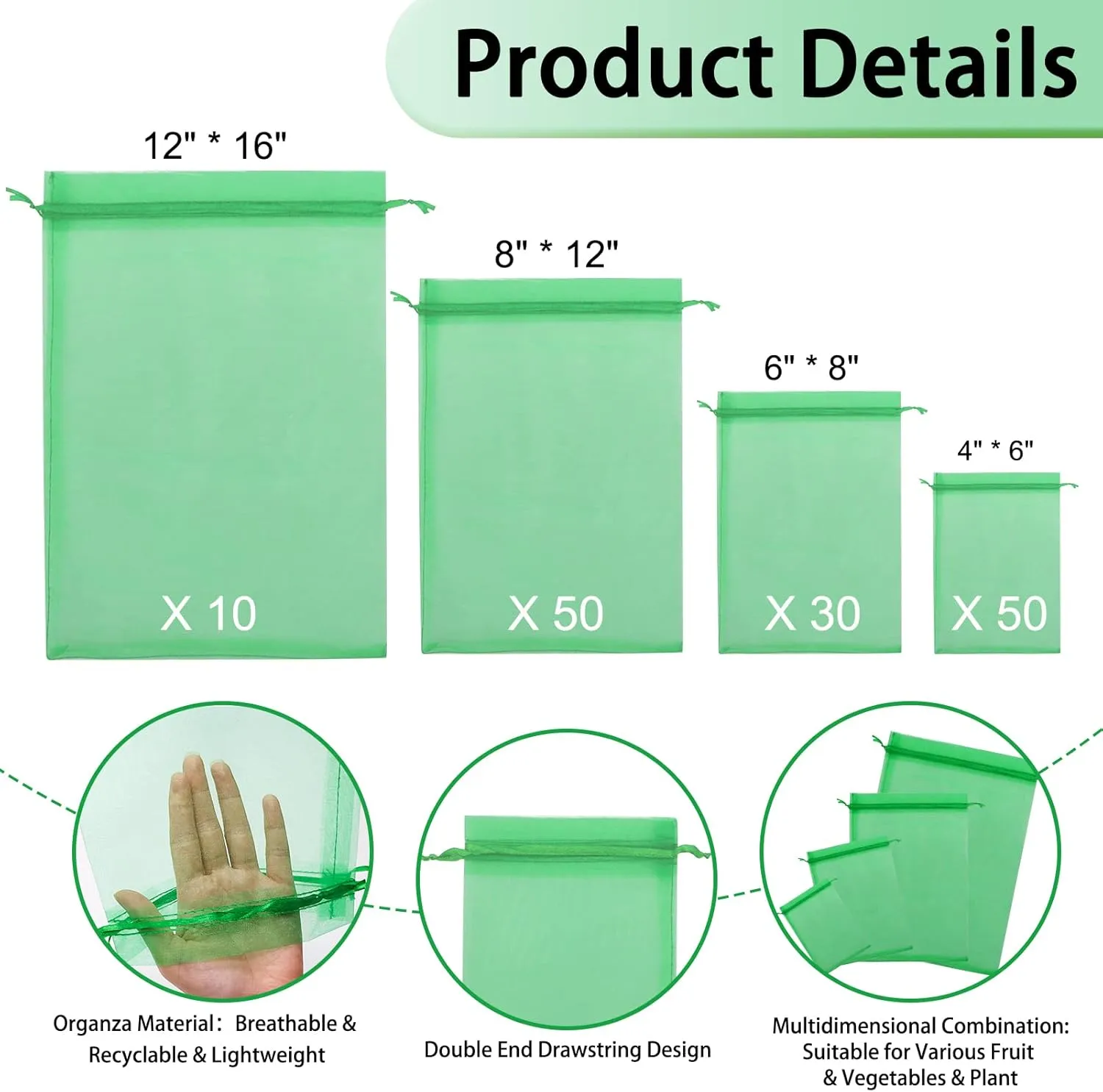 140 PCS Fruit Protection Bags, Fruit Netting Bags, Fruit Cover Mesh Bag with Drawstring, Garden Netting Bag for Father's Day, Mosquito Bug Insect Bird Net Barrier Bag for Vegetable Plant Flower(Green)