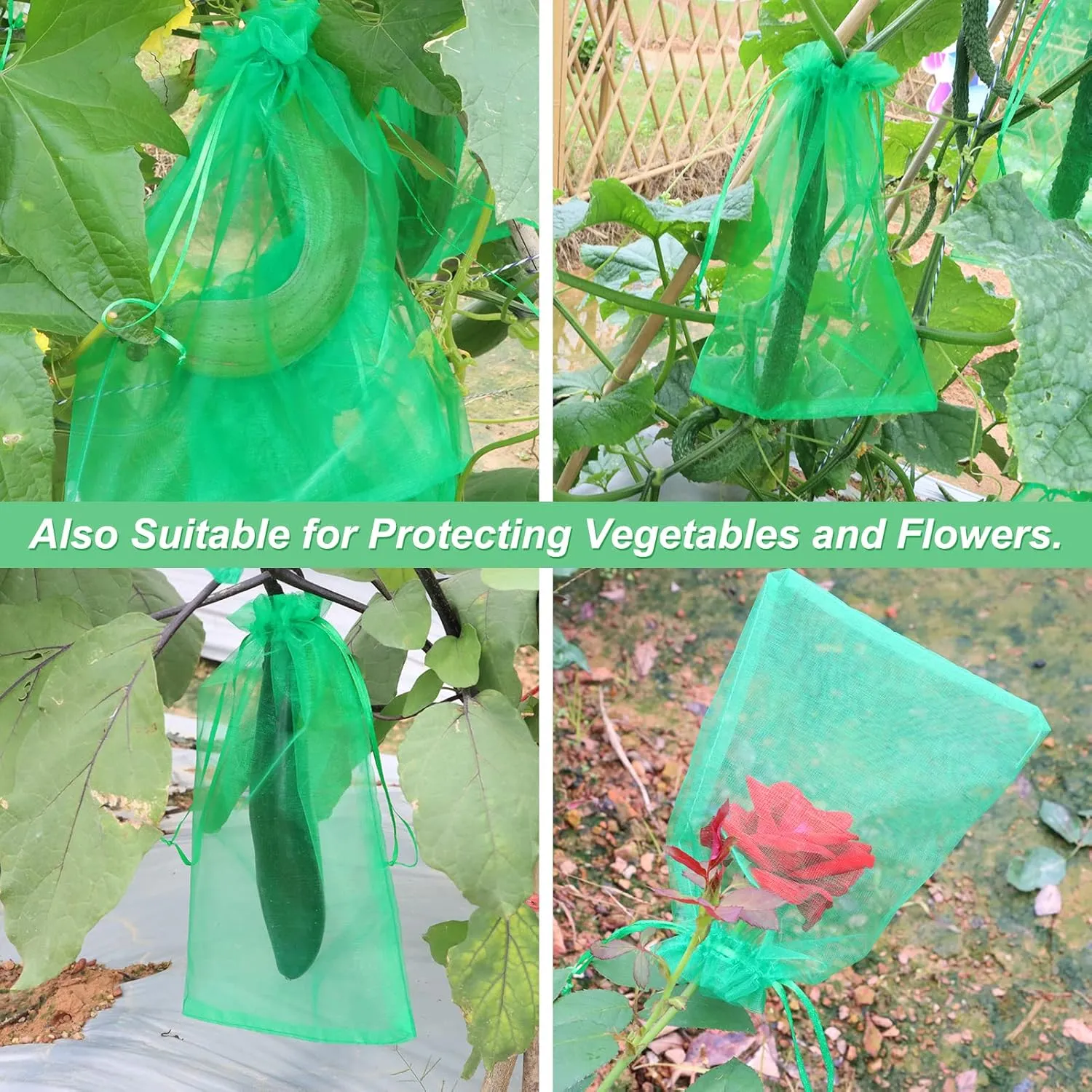 140 PCS Fruit Protection Bags, Fruit Netting Bags, Fruit Cover Mesh Bag with Drawstring, Garden Netting Bag for Father's Day, Mosquito Bug Insect Bird Net Barrier Bag for Vegetable Plant Flower(Green)