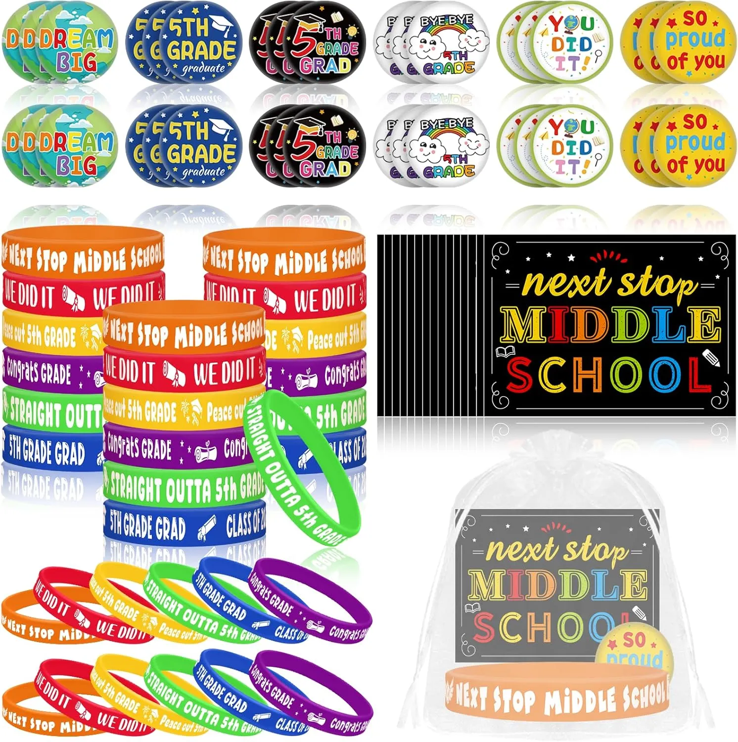 144 Pcs 5th Grade Graduation Gifts Include 36 Rubber Wristbands 36 Graduation Badges 36 Congratulations Graduations Card 36 Organza Bags for Fifth Grade Party Favors Supplies