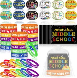144 Pcs 5th Grade Graduation Gifts Include 36 Rubber Wristbands 36 Graduation Badges 36 Congratulations Graduations Card 36 Organza Bags for Fifth Grade Party Favors Supplies