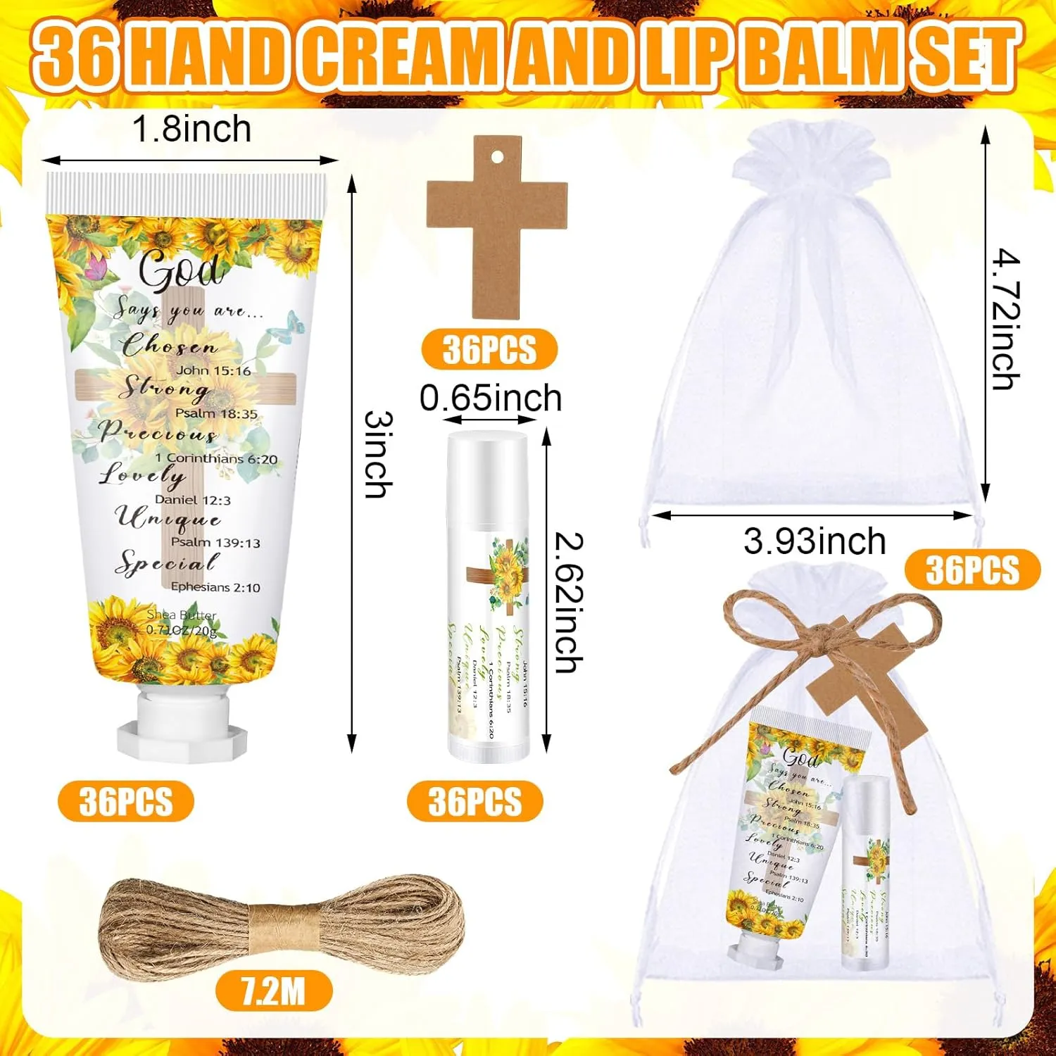 144 Pcs Christian Lip Balm Hand Cream Set Biblical Party Favors, Include 36 Bible Lip Balm and Sunflower Moisturizing Hand Cream 36 Bags and Cards and Ropes for Women Men Accessories Gifts