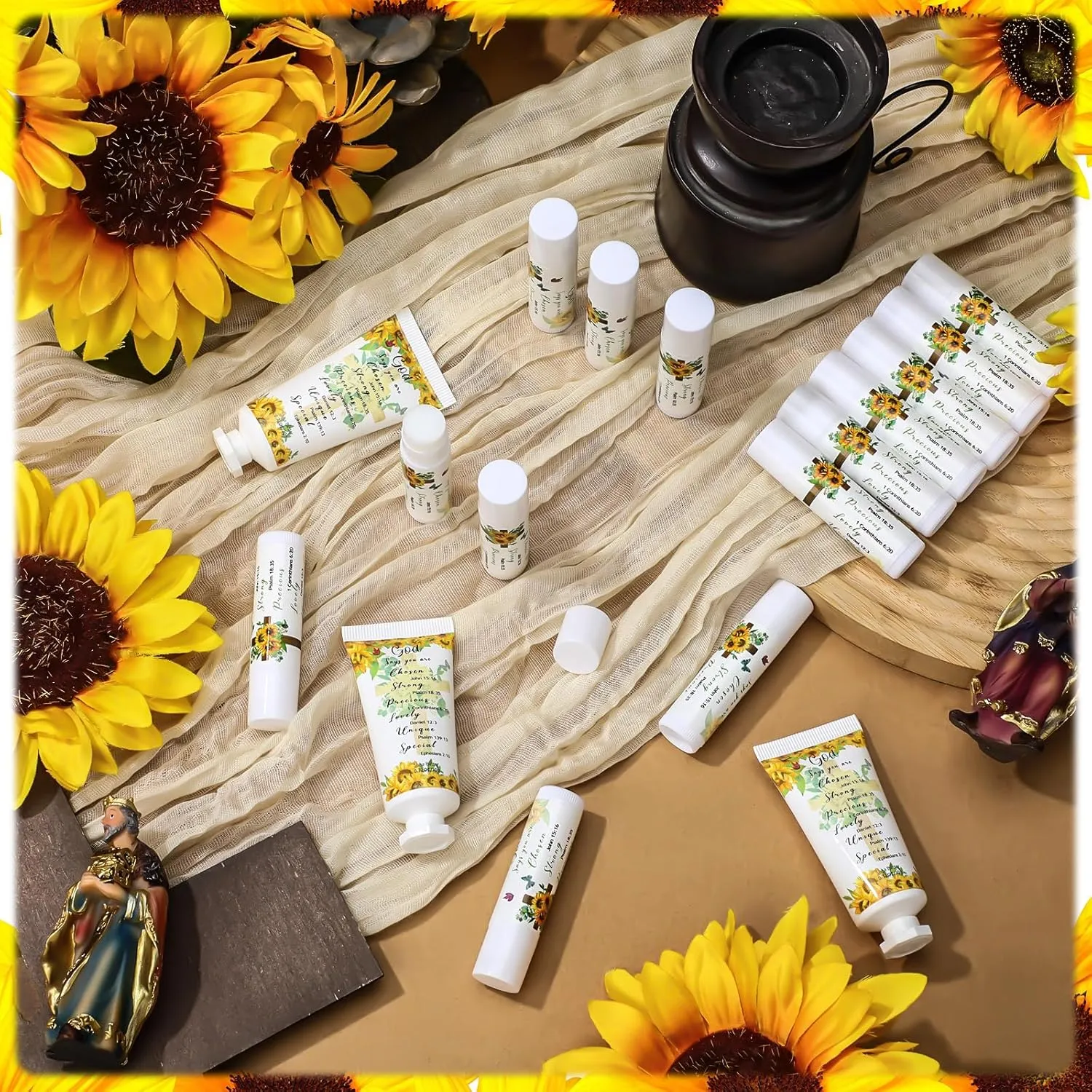 144 Pcs Christian Lip Balm Hand Cream Set Biblical Party Favors, Include 36 Bible Lip Balm and Sunflower Moisturizing Hand Cream 36 Bags and Cards and Ropes for Women Men Accessories Gifts