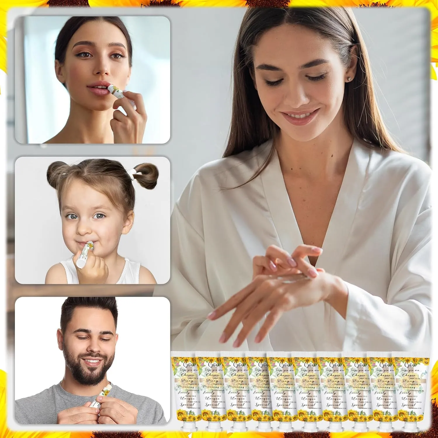 144 Pcs Christian Lip Balm Hand Cream Set Biblical Party Favors, Include 36 Bible Lip Balm and Sunflower Moisturizing Hand Cream 36 Bags and Cards and Ropes for Women Men Accessories Gifts