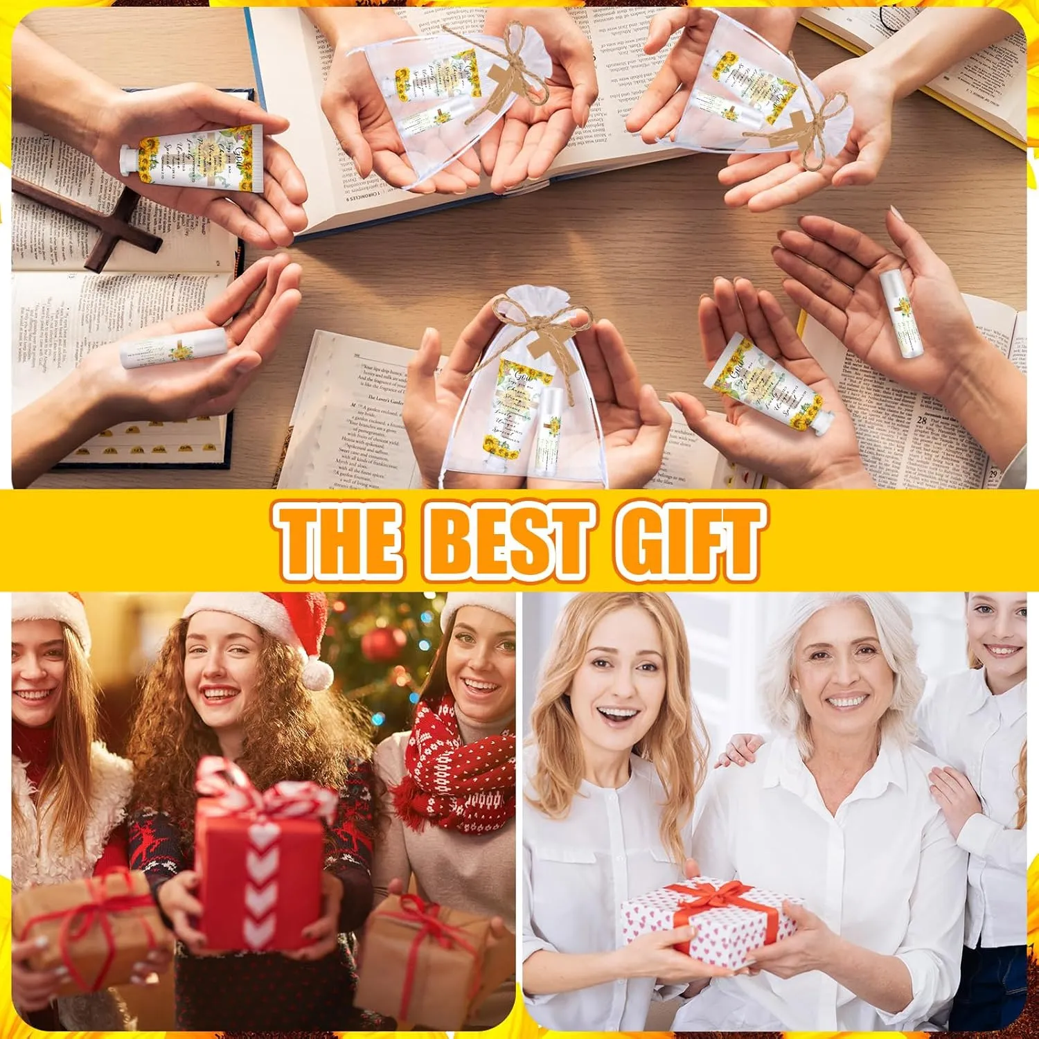 144 Pcs Christian Lip Balm Hand Cream Set Biblical Party Favors, Include 36 Bible Lip Balm and Sunflower Moisturizing Hand Cream 36 Bags and Cards and Ropes for Women Men Accessories Gifts