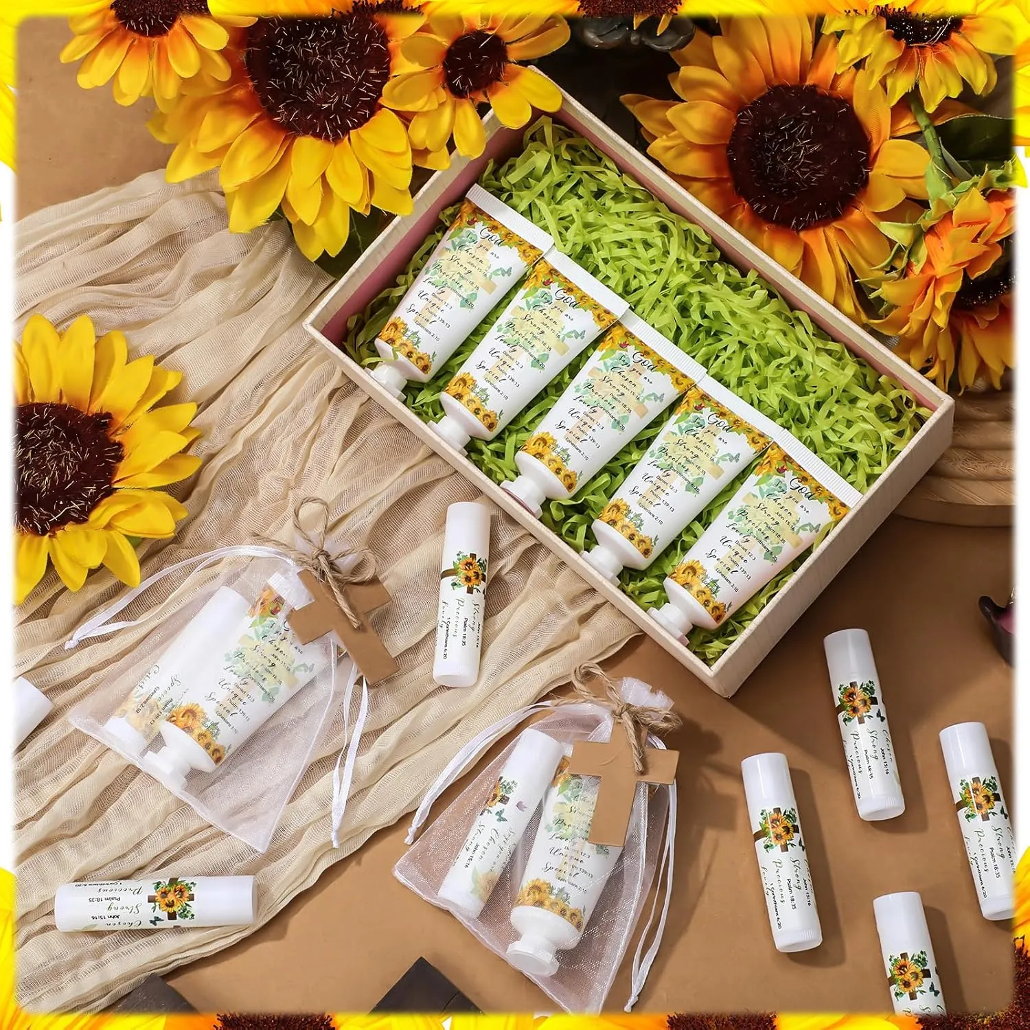 144 Pcs Christian Lip Balm Hand Cream Set Biblical Party Favors, Include 36 Bible Lip Balm and Sunflower Moisturizing Hand Cream 36 Bags and Cards and Ropes for Women Men Accessories Gifts