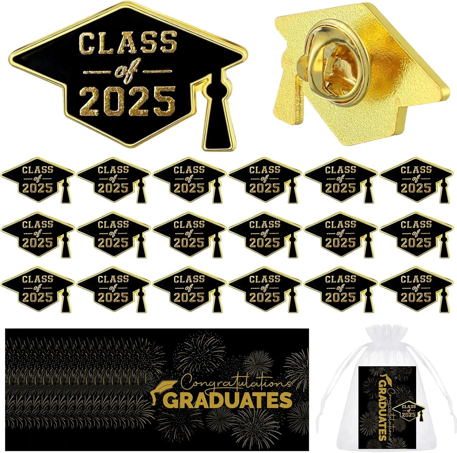 150 Pcs Graduation Pins, 50 Set Class of 2025 Enamel Lapel Pins Bulk with Cards and Organza Bags, Congrats Badge Button Set, Souvenir Gift for Student Teacher School