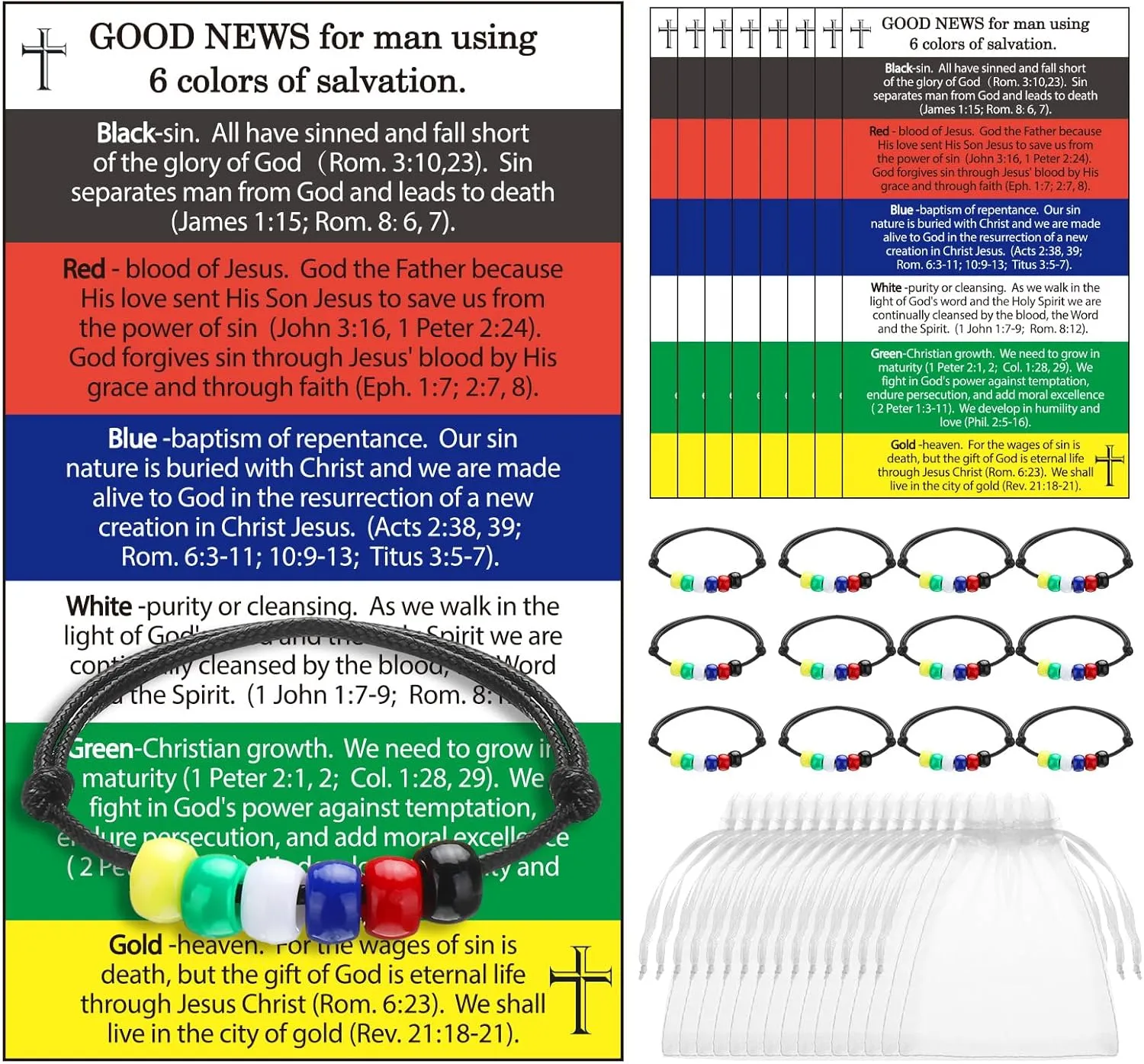 150 Pcs Plan of Salvation Sets Includes Christian Salvation Bracelets Cards Gospel Tracts Organza Bags for Christian Church Souvenir Faith Gifts