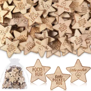 150 Pcs Wooden Pocket Hug Token Bulk with 3 Pcs Organza Bags Remembrance Little Heart Star Round Pocket Hug Keepsake for Family Birthday Celebration of Life Funeral Love Gifts (Star)