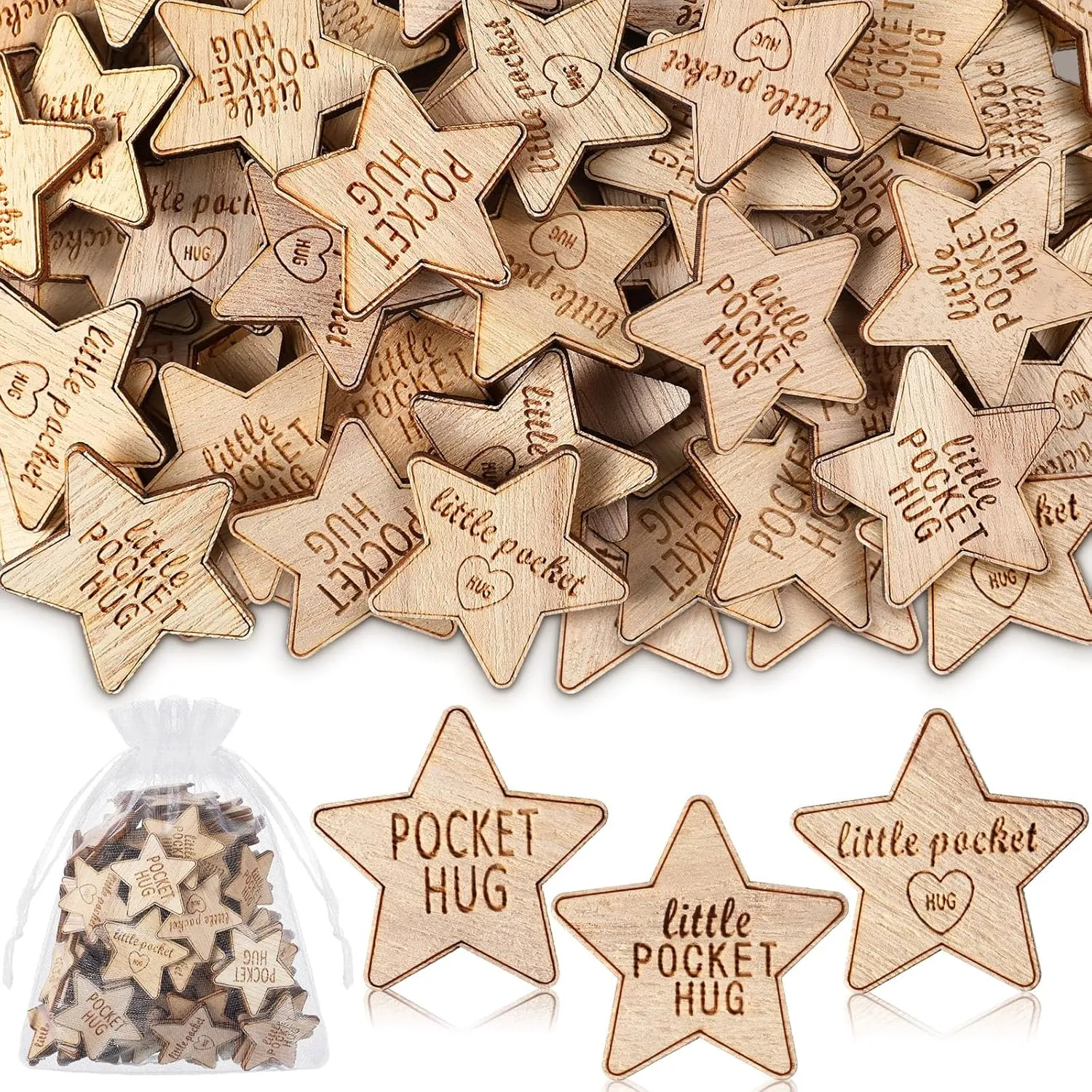 150 Pcs Wooden Pocket Hug Token Bulk with 3 Pcs Organza Bags Remembrance Little Heart Star Round Pocket Hug Keepsake for Family Birthday Celebration of Life Funeral Love Gifts (Star)