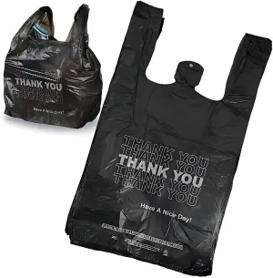1/6 Size Thank You T-Shirt Bags - Recyclable Plastic - Black Thank You Bags (Pack of 350), Ask Wholesale