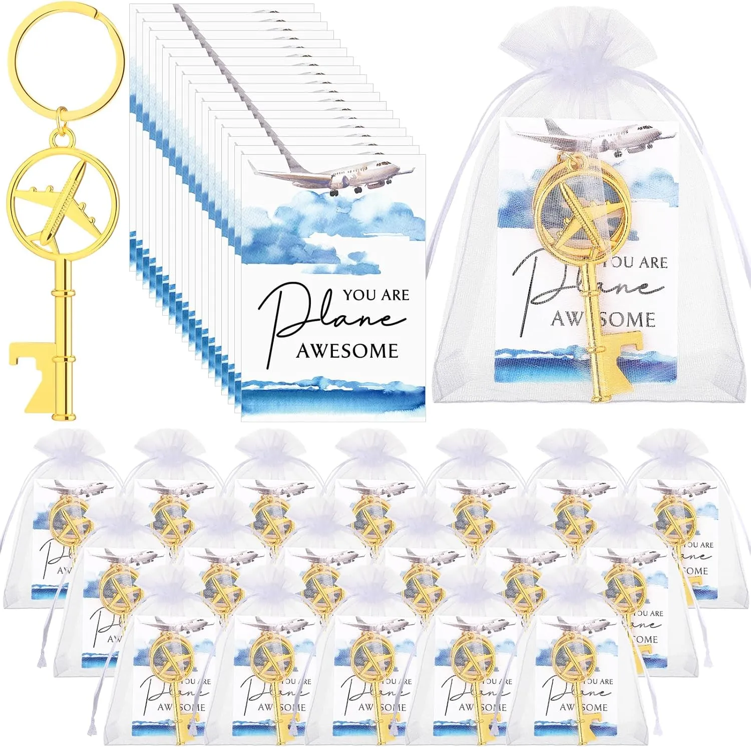 18 Sets Flight Attendant Gifts Airplane Bottle Opener Keychains with Inspirational Cards Travel Adventure Party Favor